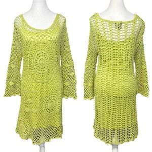 Angie Crochet Dress and Slip Bell Sleeves Boho Hippie Beach Resort Green Large
